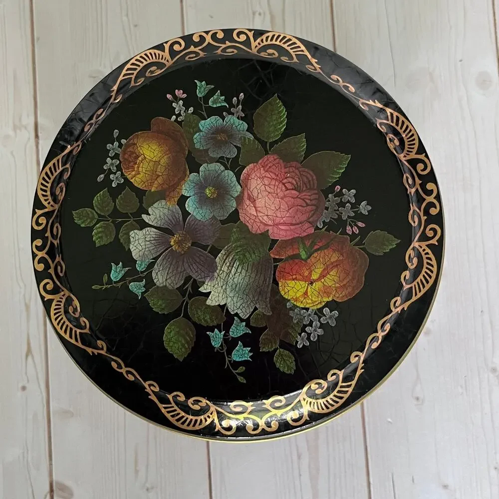 Vintage Lithograph Toleware Tin Faux Crackle Finish Floral Bouquet Gold Scrolls
